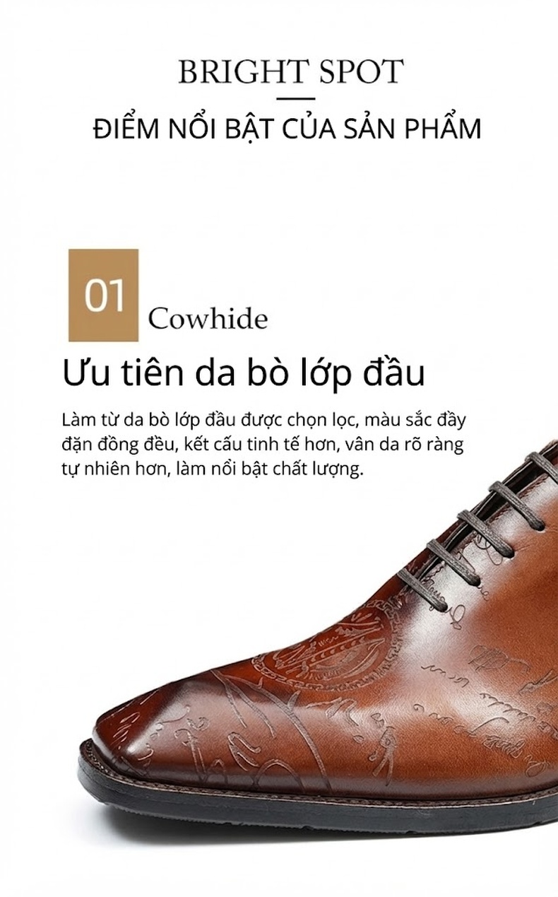 Giày Tây Oxford Buộc Dây Nam Da Bò Nguyên Tấm Chiều Cao Đế Khoảng 3cm Thiết Kế Brogue Màu Đen, Nâu chi tiết 5