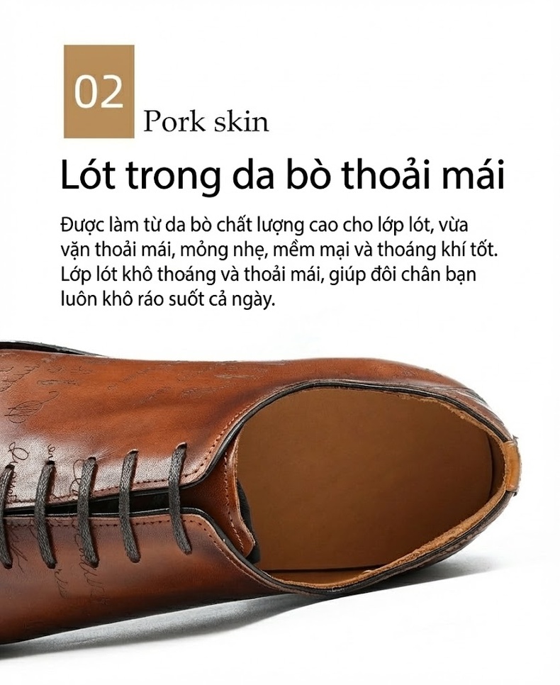 Giày Tây Oxford Buộc Dây Nam Da Bò Nguyên Tấm Chiều Cao Đế Khoảng 3cm Thiết Kế Brogue Màu Đen, Nâu chi tiết 6