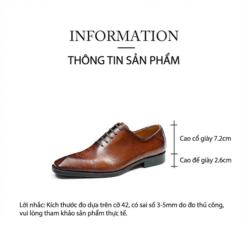 Giày Tây Oxford Buộc Dây Nam Da Bò Nguyên Tấm Chiều Cao Đế Khoảng 3cm Thiết Kế Brogue Màu Đen, Nâu chi tiết 8