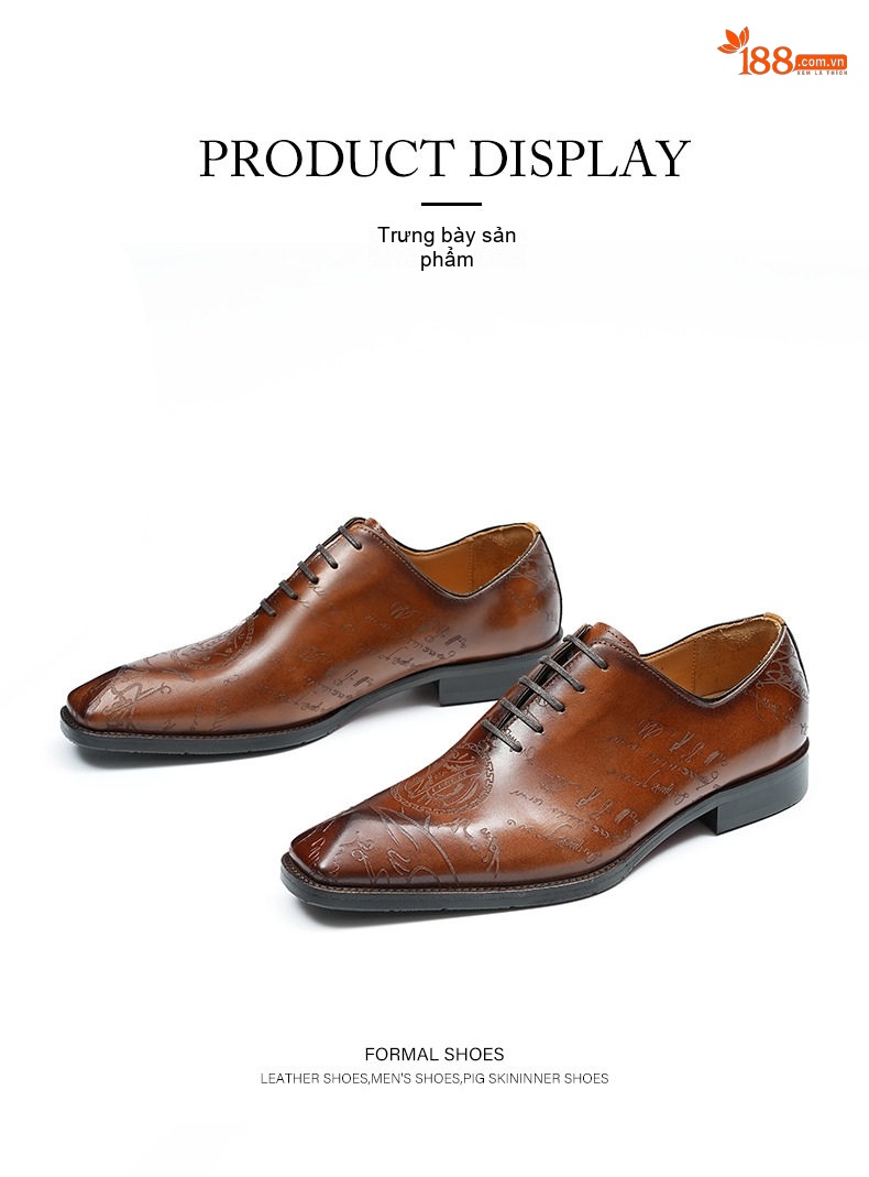 Giày Tây Oxford Buộc Dây Nam Da Bò Nguyên Tấm Chiều Cao Đế Khoảng 3cm Thiết Kế Brogue Màu Đen, Nâu chi tiết 10