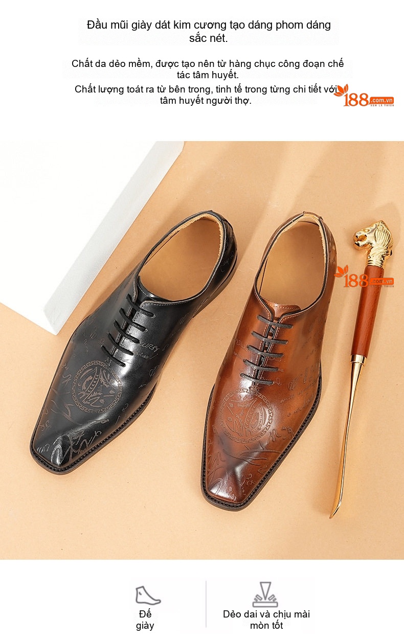 Giày Tây Oxford Buộc Dây Nam Da Bò Nguyên Tấm Chiều Cao Đế Khoảng 3cm Thiết Kế Brogue Màu Đen, Nâu chi tiết 3