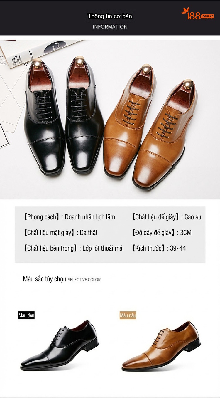 Giày Tây Oxford Buộc Dây Nam Da Thật Chiều Cao Đế Khoảng 3cm Màu Đen, Nâu chi tiết 9