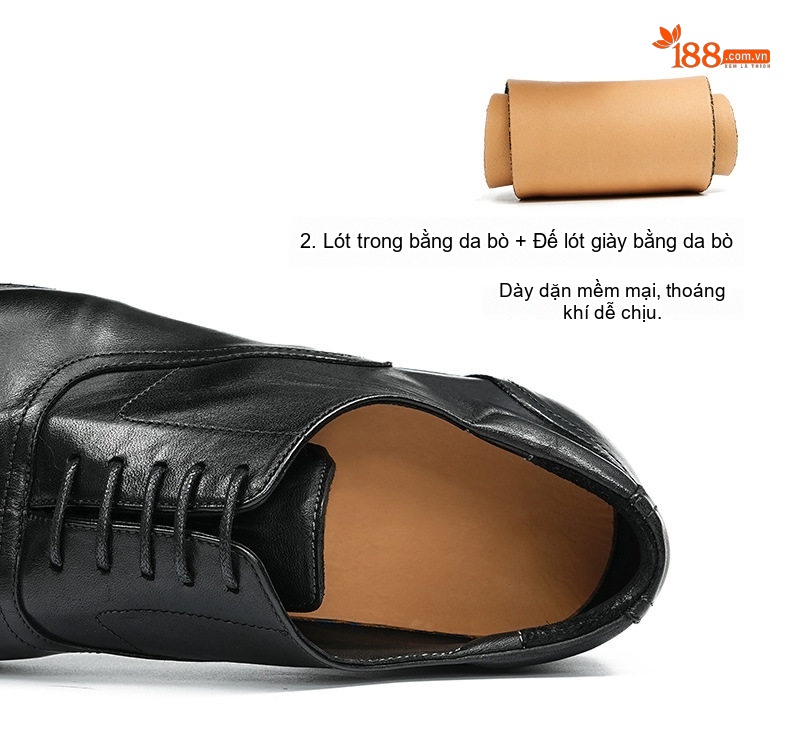 Giày Tây Oxford Buộc Dây Nam Da Thật Đầu Tròn Chiều Cao Đế Khoảng 3cm Màu Đen, Nâu chi tiết 6