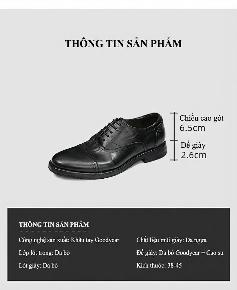 Giày Tây Oxford Buộc Dây Nam Da Thật Đầu Tròn Chiều Cao Đế Khoảng 3cm Màu Đen, Nâu chi tiết 8