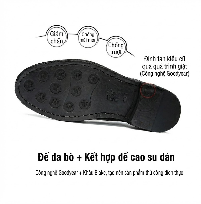 Giày Tây Oxford Buộc Dây Nam Da Thật Đầu Tròn Chiều Cao Đế Khoảng 3cm Màu Đen, Nâu chi tiết 4