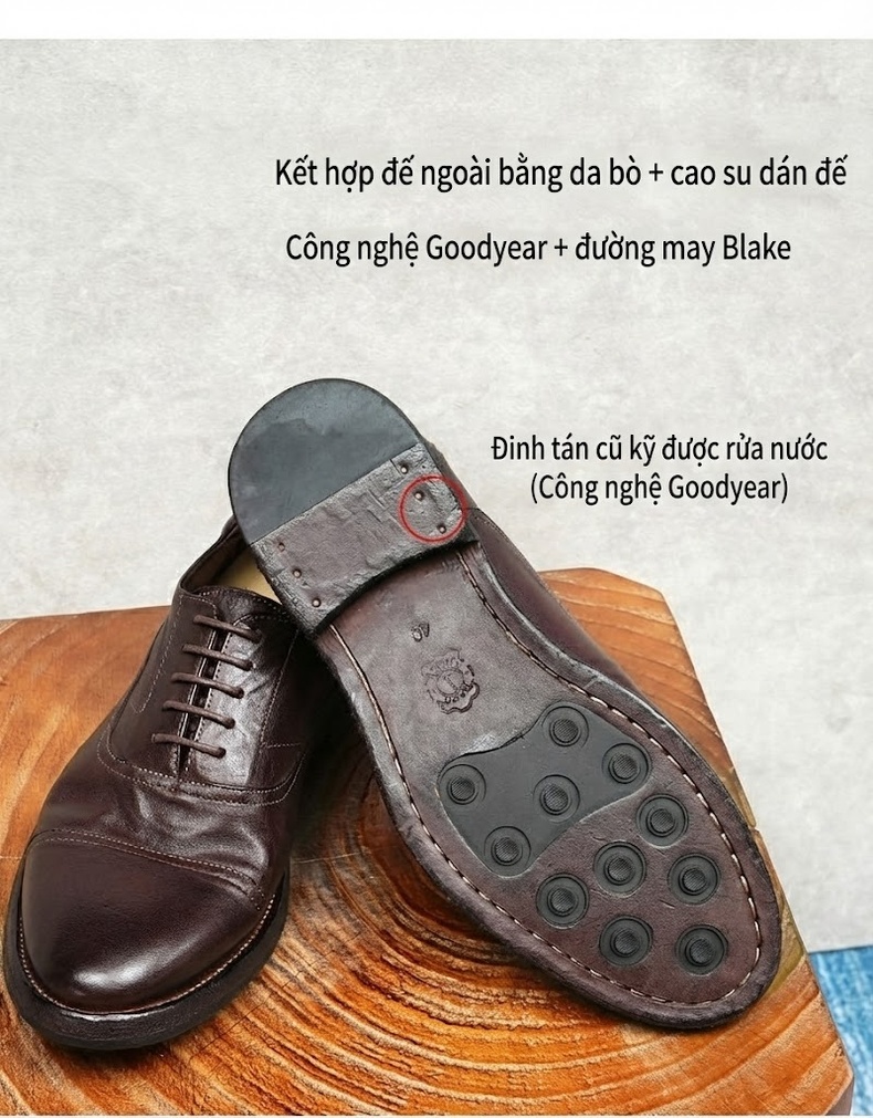 Giày Tây Oxford Buộc Dây Nam Da Thật Đầu Tròn Chiều Cao Đế Khoảng 3cm Màu Đen, Nâu chi tiết 17
