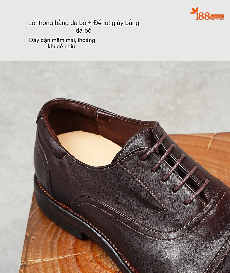 Giày Tây Oxford Buộc Dây Nam Da Thật Đầu Tròn Chiều Cao Đế Khoảng 3cm Màu Đen, Nâu chi tiết 19