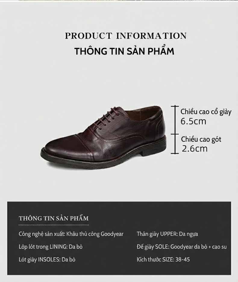 Giày Tây Oxford Buộc Dây Nam Da Thật Đầu Tròn Chiều Cao Đế Khoảng 3cm Màu Đen, Nâu chi tiết 20