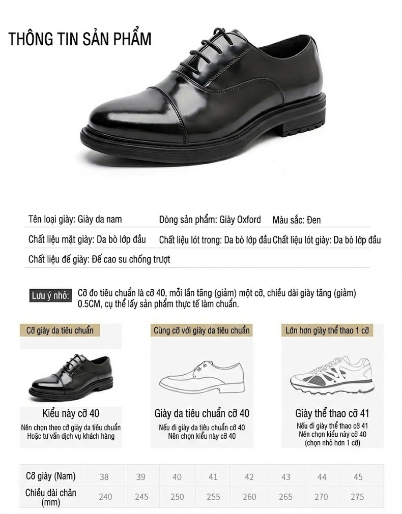 Giày Tây Oxford Nam Da Bò Ba Mảnh Ghép Chiều Cao Đế Khoảng 3.5cm Màu Đen chi tiết 3