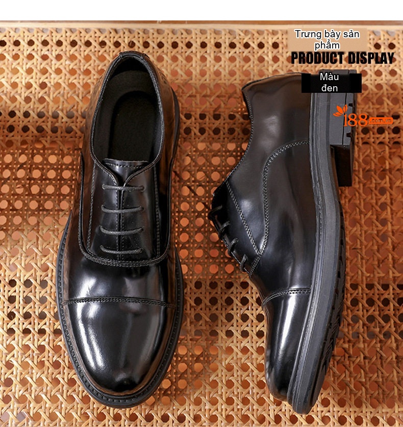 Giày Tây Oxford Nam Da Bò Ba Mảnh Ghép Chiều Cao Đế Khoảng 3.5cm Màu Đen chi tiết 8
