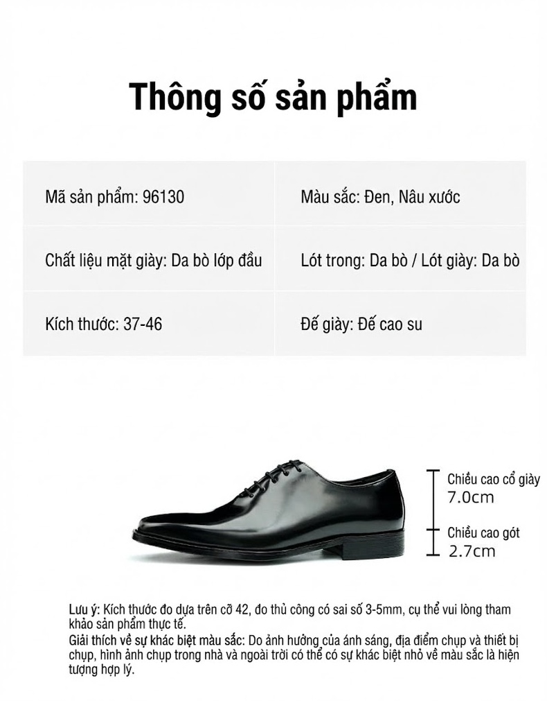 Giày Tây Oxford Nam Da Bò Bóng Chiều Cao Đế Khoảng 3cm Màu Đen, Nâu Đỏ chi tiết 2