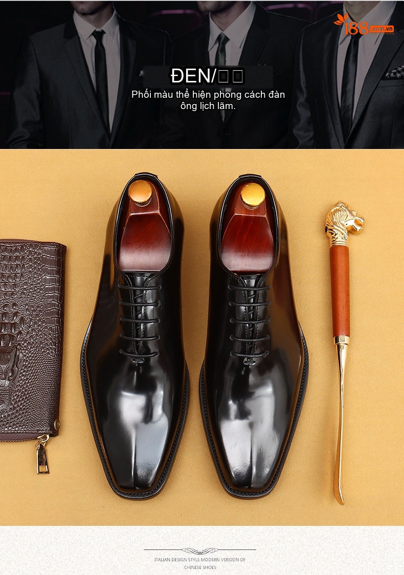 Giày Tây Oxford Nam Da Bò Bóng Chiều Cao Đế Khoảng 3cm Màu Đen, Nâu Đỏ chi tiết 4