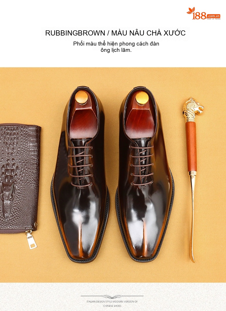 Giày Tây Oxford Nam Da Bò Bóng Chiều Cao Đế Khoảng 3cm Màu Đen, Nâu Đỏ chi tiết 12