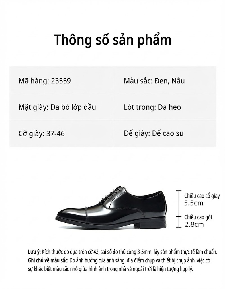 Giày Tây Oxford Nam Da Bò Bóng Chiều Cao Đế Khoảng 3cm Màu Đen, Nâu chi tiết 2