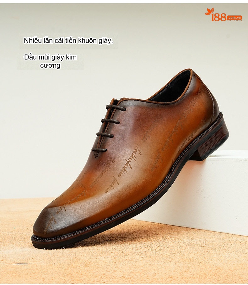 Giày Tây Oxford Nam Da Bò In Chữ Chiều Cao Đế Khoảng 3cm Màu Nâu Đen chi tiết 6