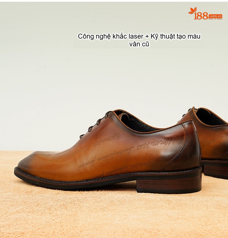 Giày Tây Oxford Nam Da Bò In Chữ Chiều Cao Đế Khoảng 3cm Màu Nâu Đen chi tiết 7