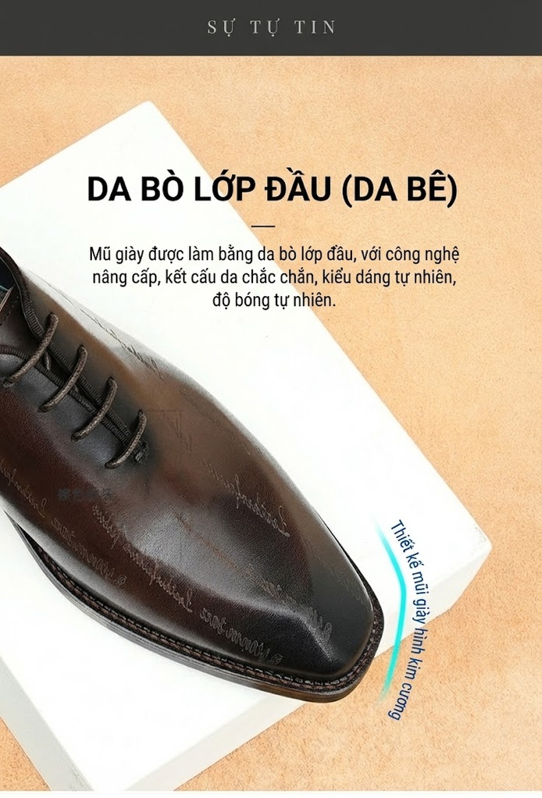 Giày Tây Oxford Nam Da Bò In Chữ Chiều Cao Đế Khoảng 3cm Màu Nâu Đen chi tiết 8