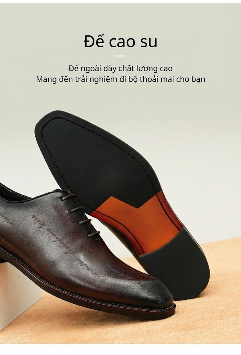 Giày Tây Oxford Nam Da Bò In Chữ Chiều Cao Đế Khoảng 3cm Màu Nâu Đen chi tiết 9