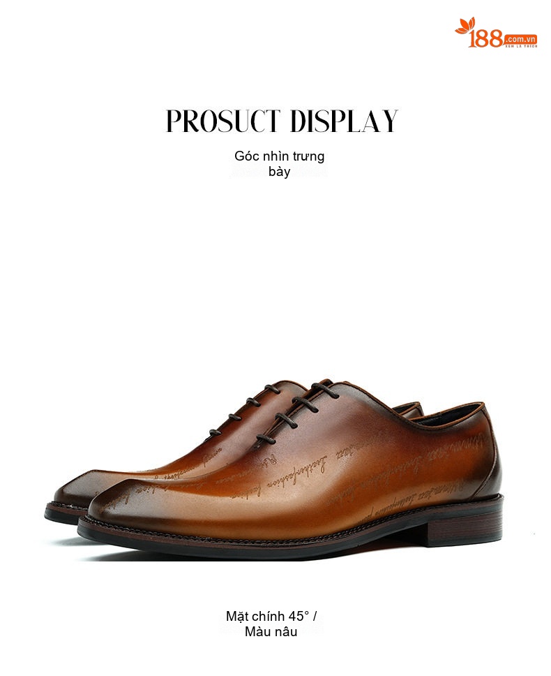 Giày Tây Oxford Nam Da Bò In Chữ Chiều Cao Đế Khoảng 3cm Màu Nâu Đen chi tiết 10