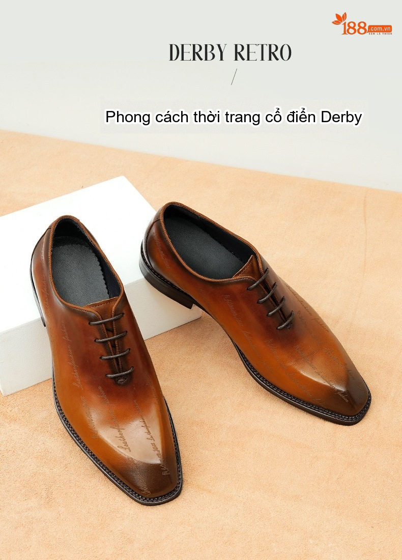 Giày Tây Oxford Nam Da Bò In Chữ Chiều Cao Đế Khoảng 3cm Màu Nâu Đen chi tiết 1