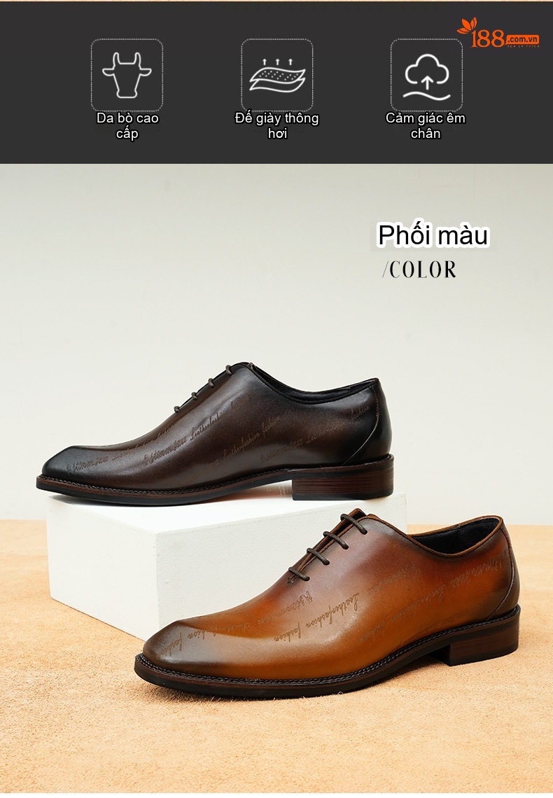 Giày Tây Oxford Nam Da Bò In Chữ Chiều Cao Đế Khoảng 3cm Màu Nâu Đen chi tiết 2