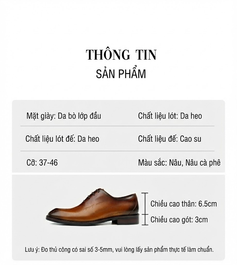 Giày Tây Oxford Nam Da Bò In Chữ Chiều Cao Đế Khoảng 3cm Màu Nâu Đen chi tiết 3