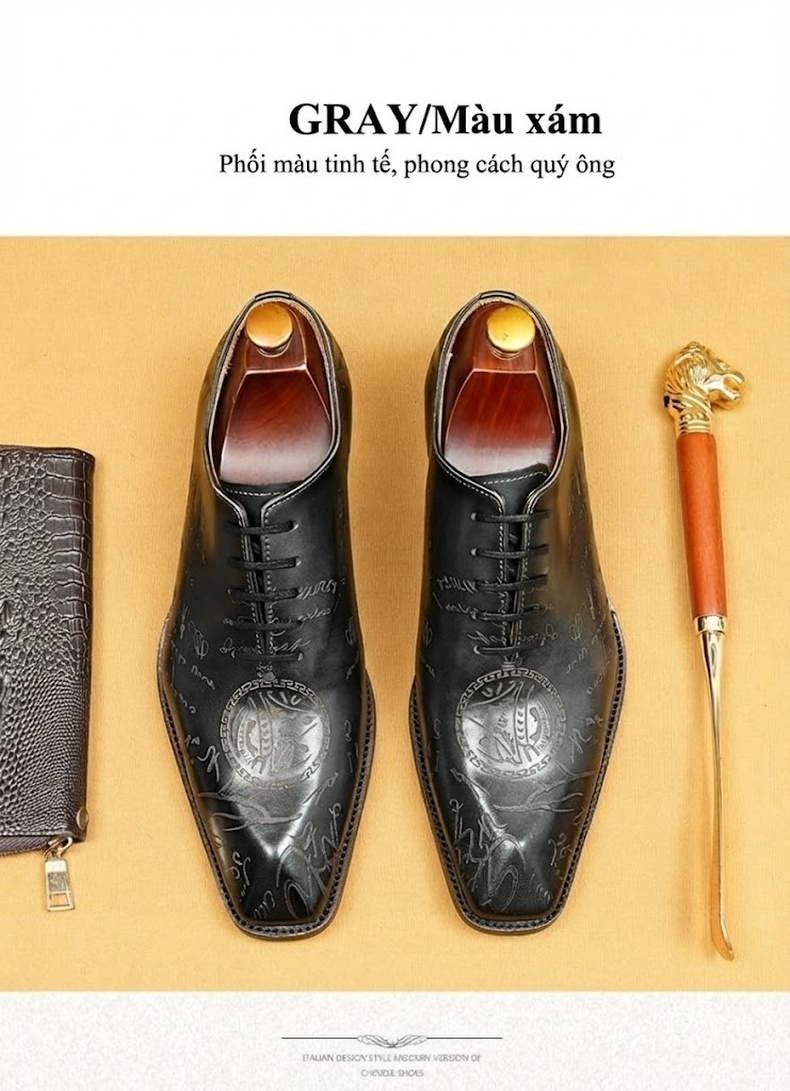 Giày Tây Oxford Nam Da Bò Nguyên Tấm Chiều Cao Đế Khoảng 3cm Màu Đen, Nâu chi tiết 13