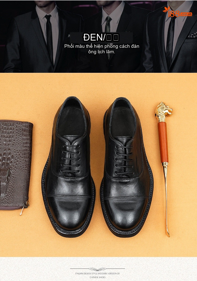 Giày Tây Oxford Nam Da Thật Đáy Da Thủ Công Chiều Cao Đế Khoảng 3cm Màu Nâu, Đen chi tiết 5