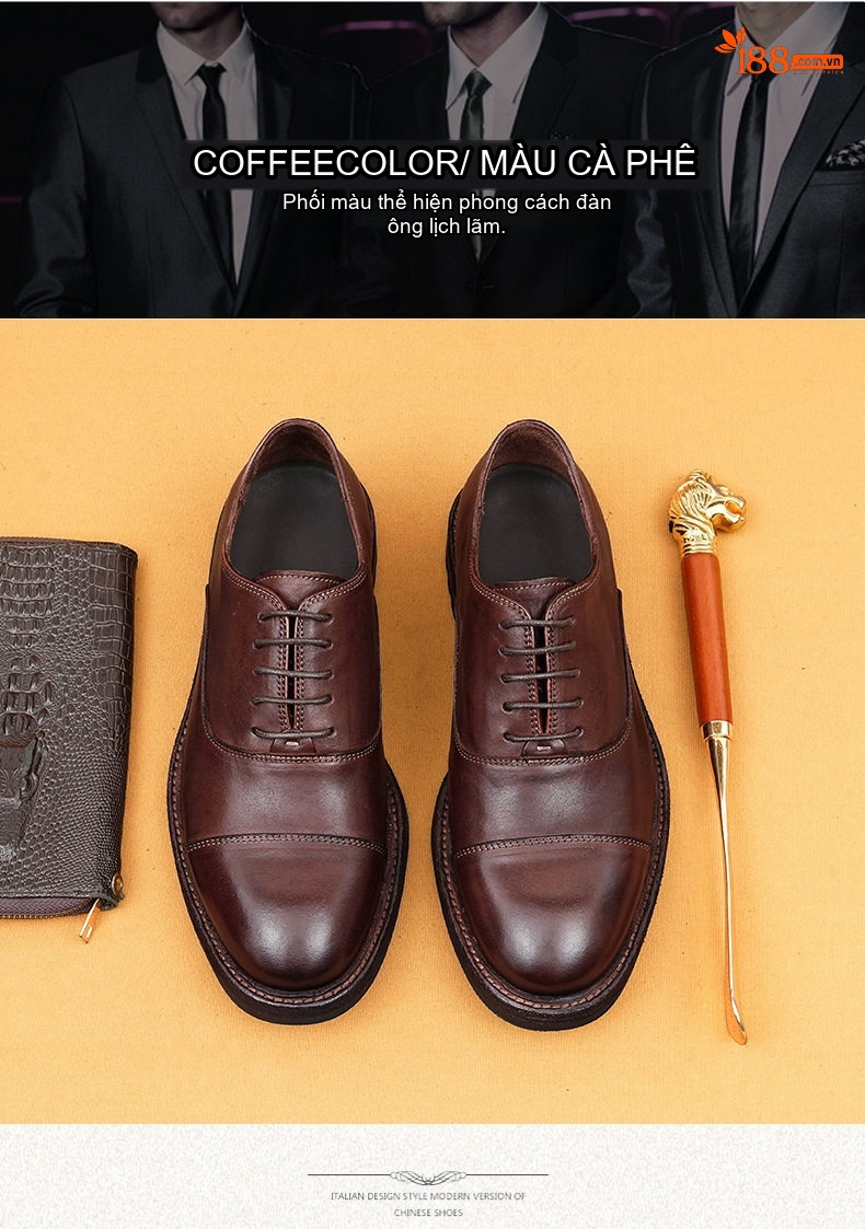 Giày Tây Oxford Nam Da Thật Đáy Da Thủ Công Chiều Cao Đế Khoảng 3cm Màu Nâu, Đen chi tiết 9