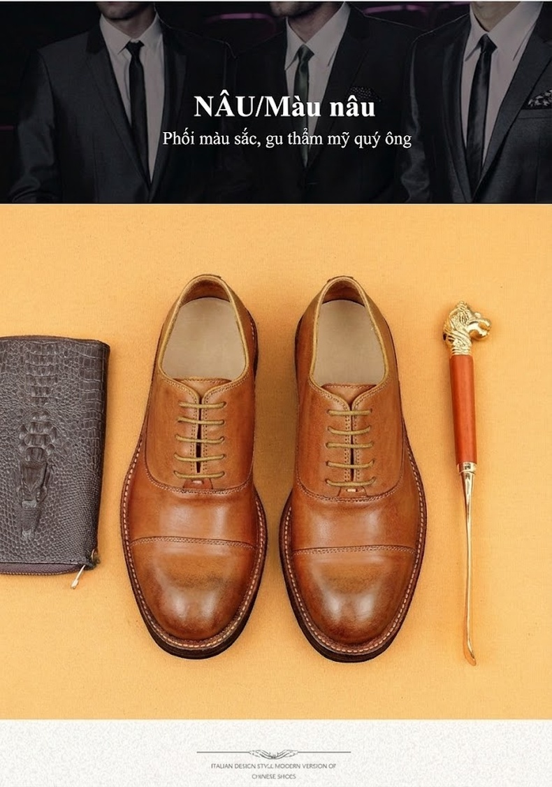 Giày Tây Oxford Nam Da Thật Đáy Da Thủ Công Chiều Cao Đế Khoảng 3cm Màu Nâu, Đen chi tiết 13