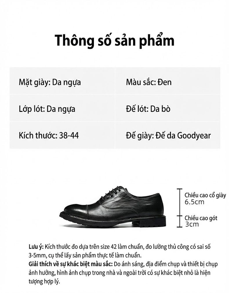 Giày Tây Oxford Nam Da Thật Đáy Da Thủ Công Chiều Cao Đế Khoảng 3cm Màu Nâu, Đen chi tiết 3
