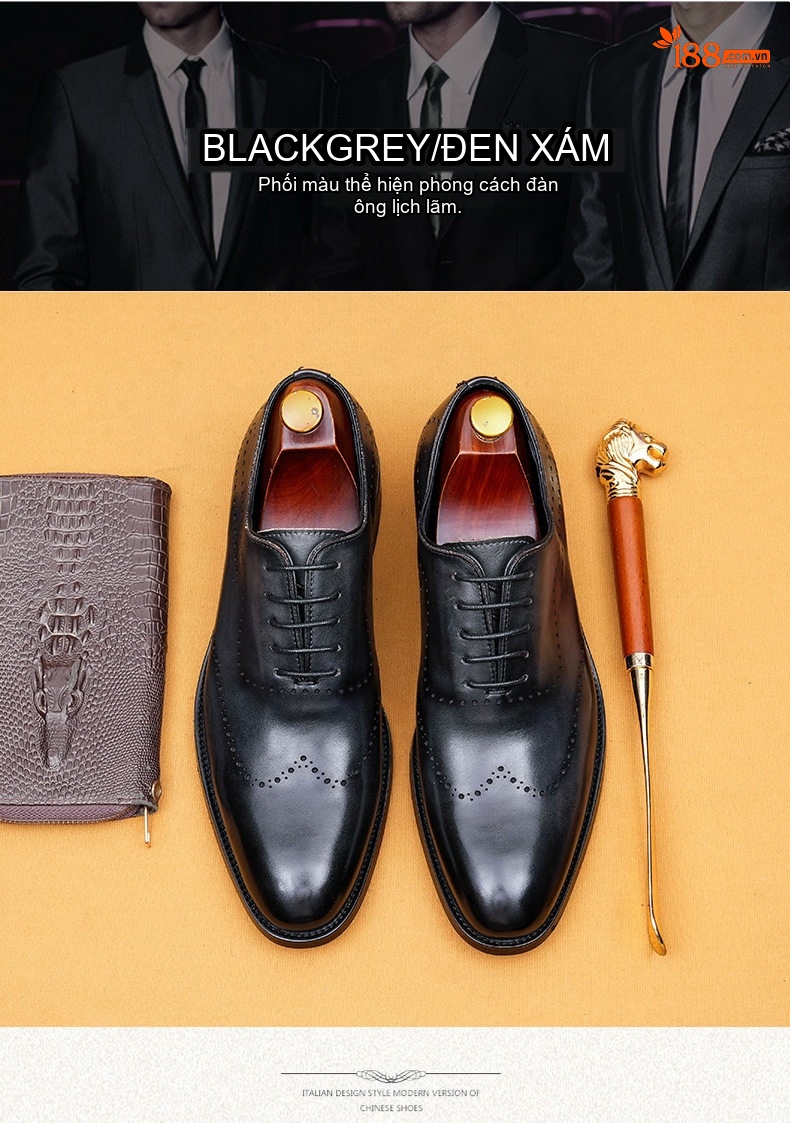 Giày Tây Oxford Nam Da Thật Điêu Khắc Chiều Cao Đế Khoảng 3cm Màu Nâu, Đen chi tiết 3