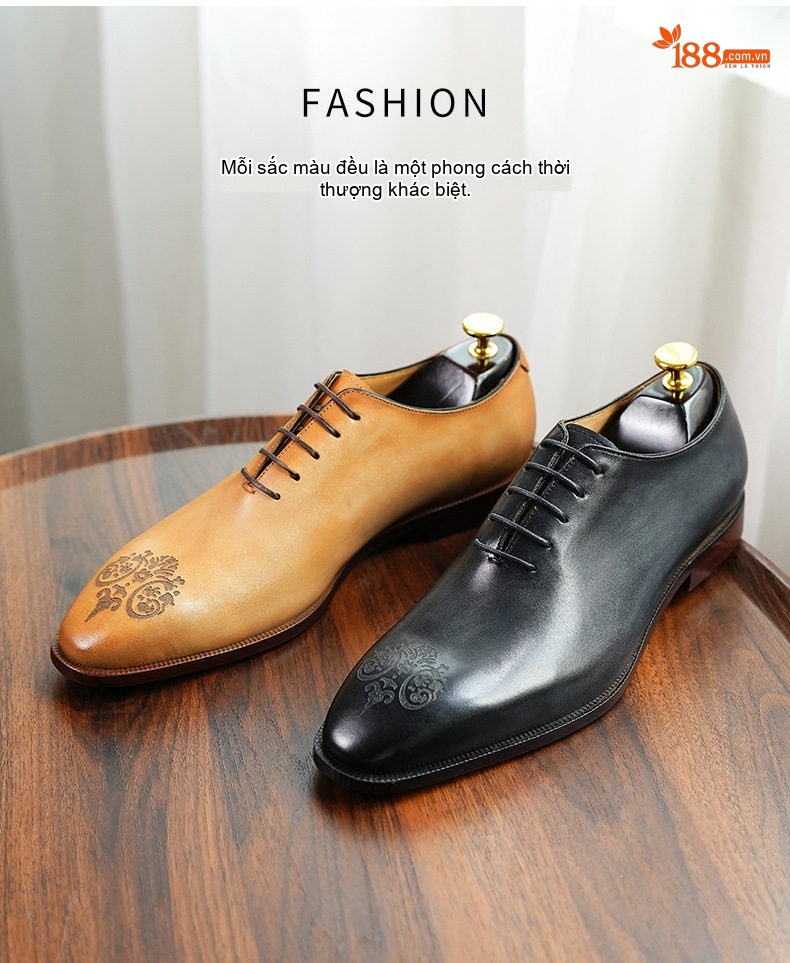 Giày Tây Oxford Nam Da Thật Nguyên Tấm Chiều Cao Đế Khoảng 3cm Màu Nâu, Đen chi tiết 3
