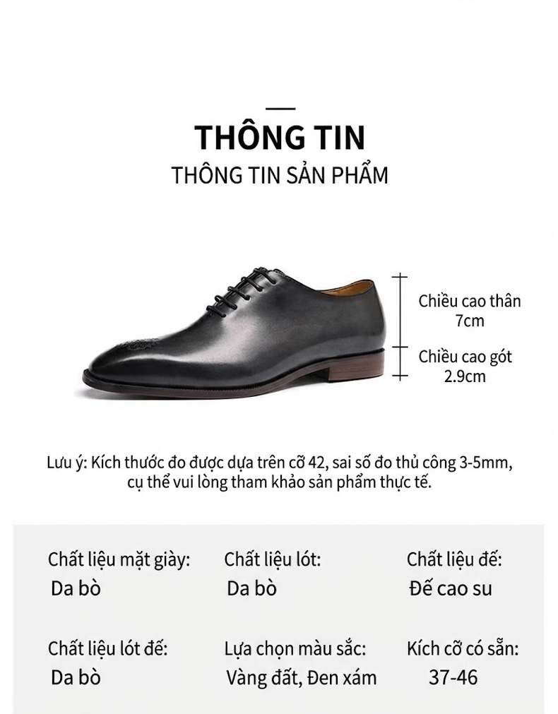 Giày Tây Oxford Nam Da Thật Nguyên Tấm Chiều Cao Đế Khoảng 3cm Màu Nâu, Đen chi tiết 9