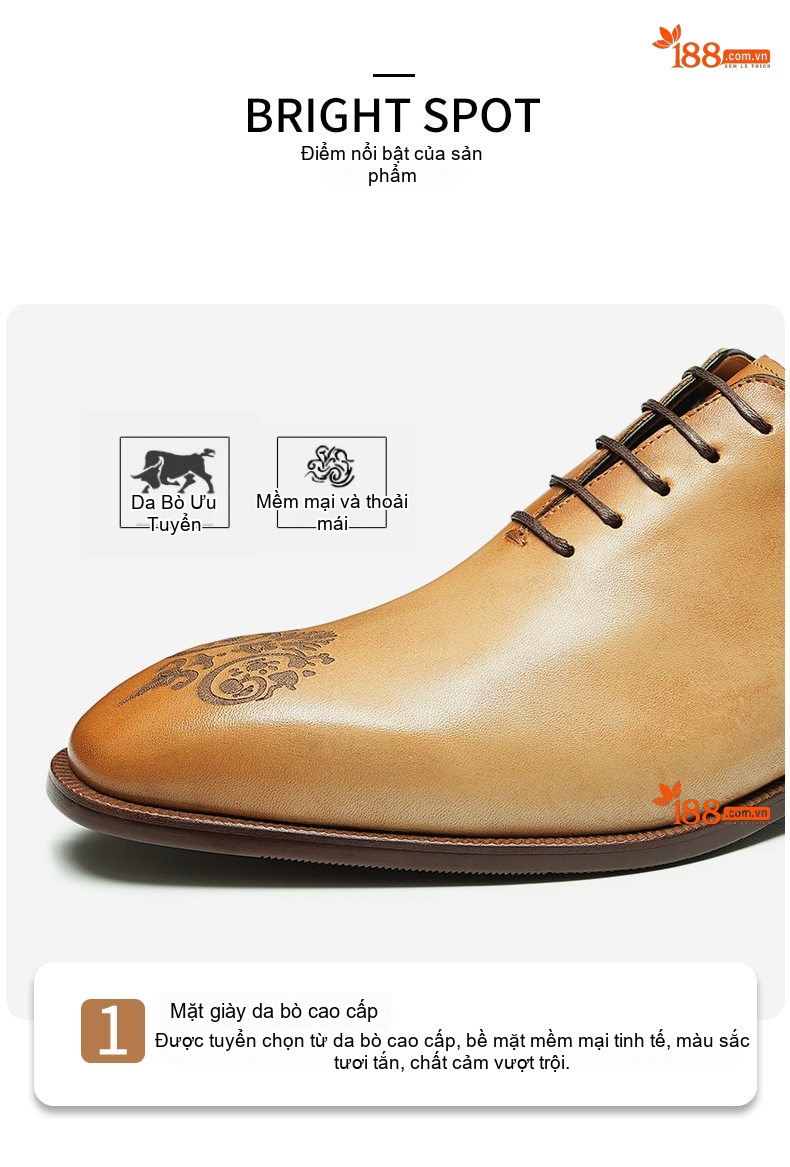 Giày Tây Oxford Nam Da Thật Nguyên Tấm Chiều Cao Đế Khoảng 3cm Màu Nâu, Đen chi tiết 6