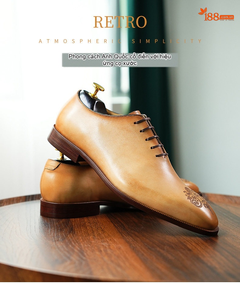 Giày Tây Oxford Nam Da Thật Nguyên Tấm Chiều Cao Đế Khoảng 3cm Màu Nâu, Đen chi tiết 1