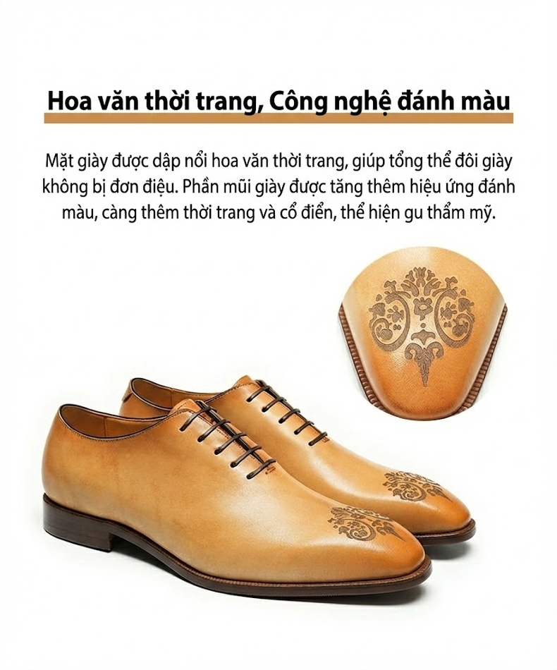 Giày Tây Oxford Nam Da Thật Nguyên Tấm Chiều Cao Đế Khoảng 3cm Màu Nâu, Đen chi tiết 5