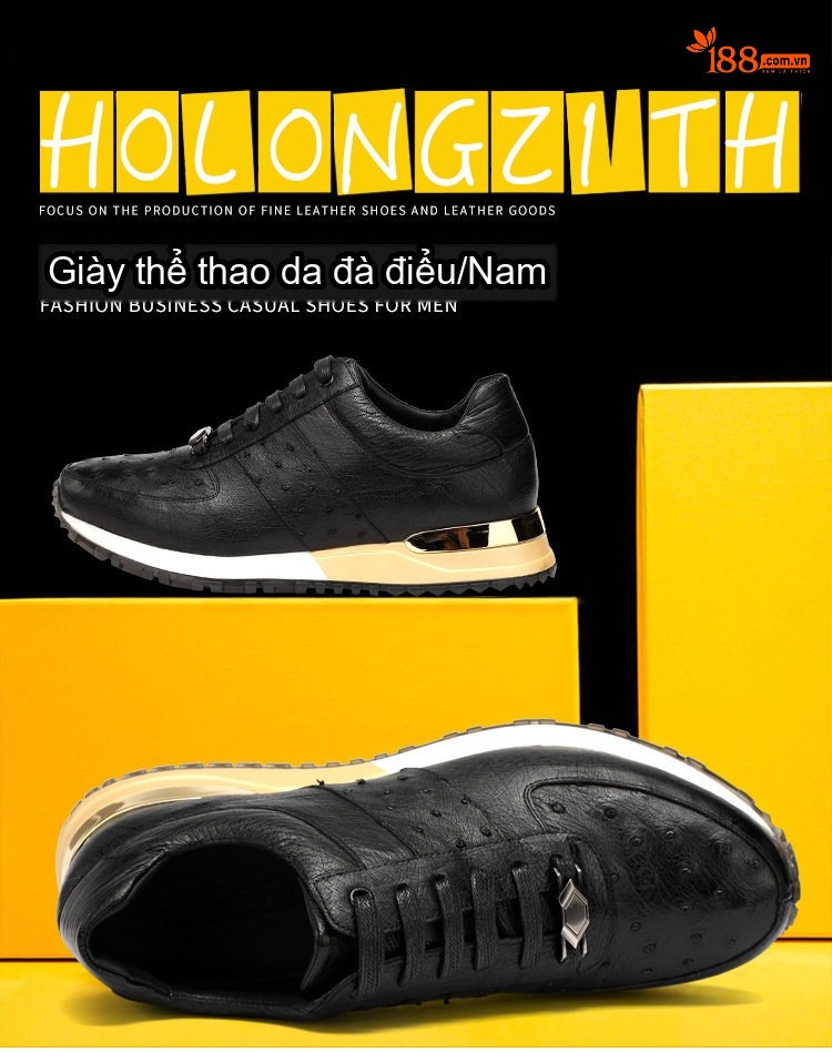 Giày Thể Thao Buộc Dây Nam Da Đà Điểu Mềm Mại Chiều Cao Đế Khoảng 3cm Màu Đen chi tiết 3