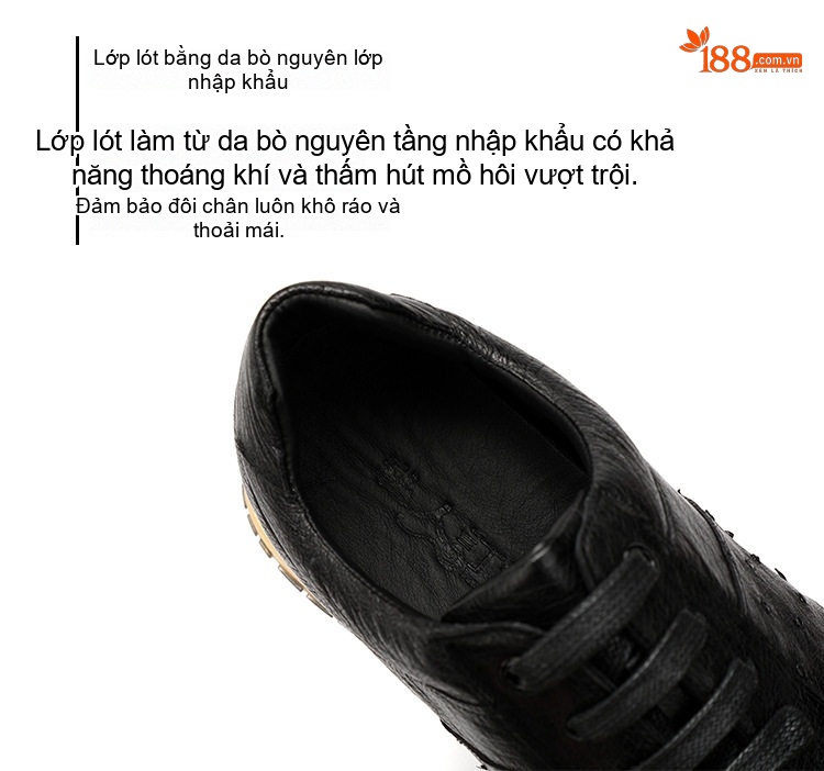 Giày Thể Thao Buộc Dây Nam Da Đà Điểu Mềm Mại Chiều Cao Đế Khoảng 3cm Màu Đen chi tiết 6