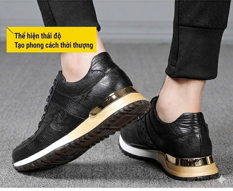 Giày Thể Thao Buộc Dây Nam Da Đà Điểu Mềm Mại Chiều Cao Đế Khoảng 3cm Màu Đen chi tiết 10