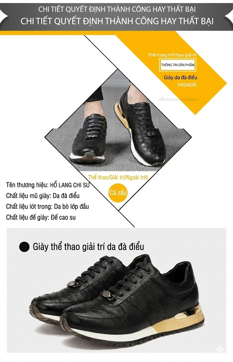 Giày Thể Thao Buộc Dây Nam Da Đà Điểu Mềm Mại Chiều Cao Đế Khoảng 3cm Màu Đen chi tiết 4