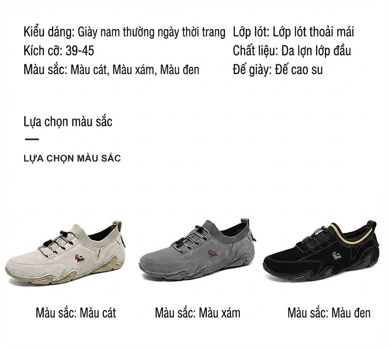 Giày Thể Thao Cổ Chun Nam Da Mờ Chiều Cao Đế Khoảng 3cm Màu Đen, Xám, Kem chi tiết 5
