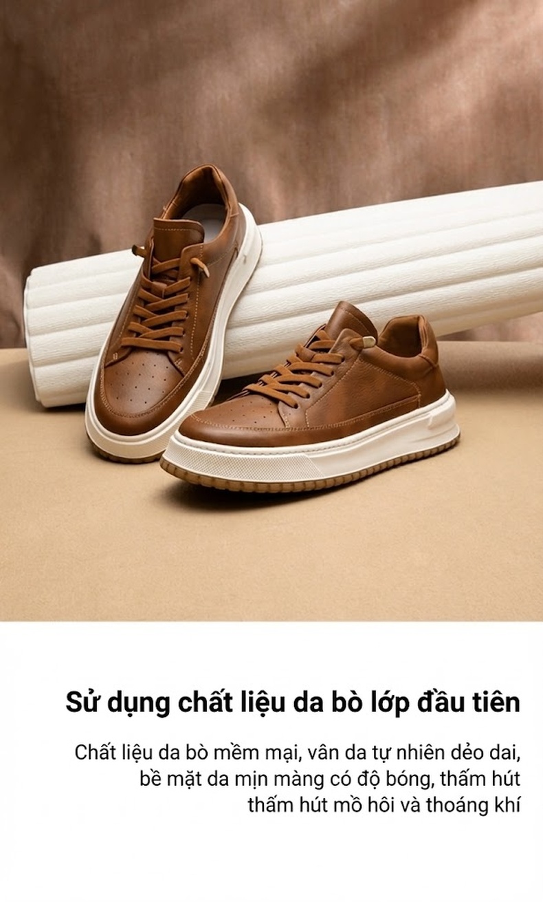 Giày Thể Thao Đế Bằng Nam Da Bóng Chiều Cao Đế Khoảng 4cm Màu Trắng, Đen, Nâu chi tiết 4