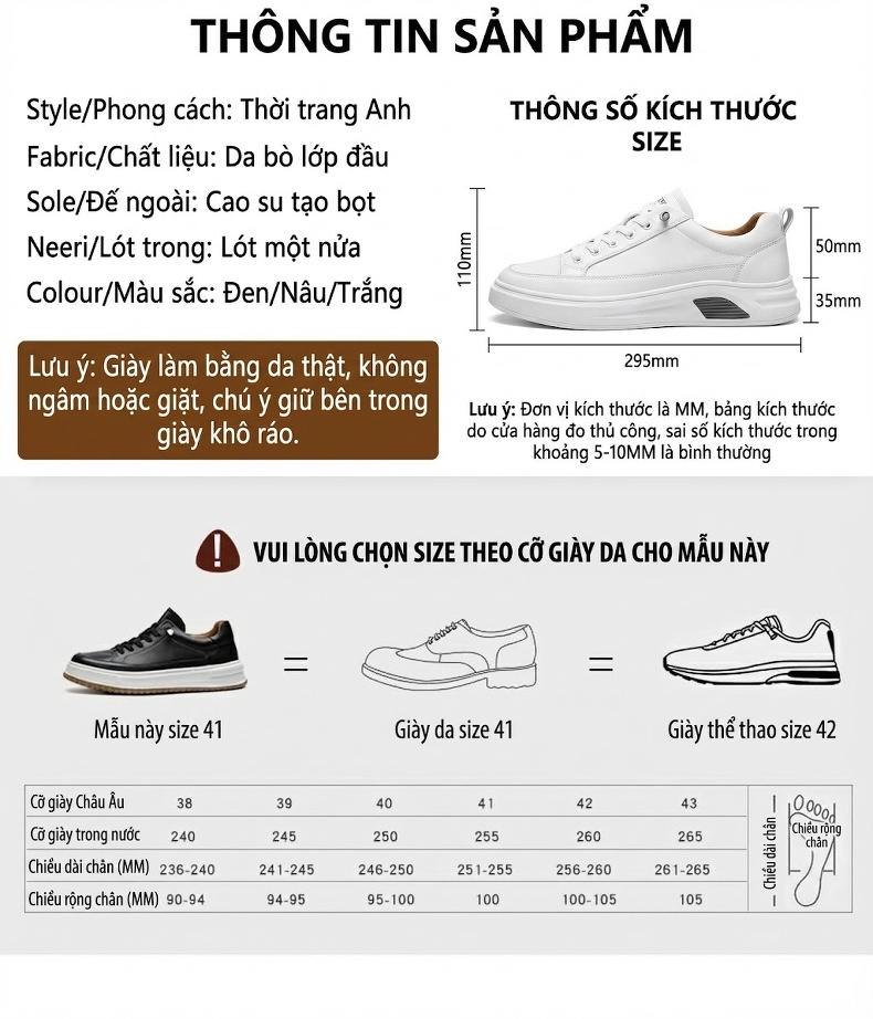 Giày Thể Thao Đế Bằng Nam Da Bóng Chiều Cao Đế Khoảng 4cm Màu Trắng, Đen, Nâu chi tiết 7
