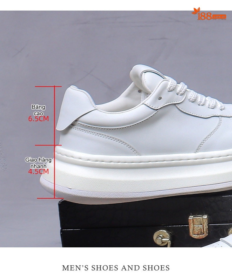 Giày Thể Thao Nam Da Bò Đế Dày Chiều Cao Đế Khoảng 5cm Màu Trắng chi tiết 13