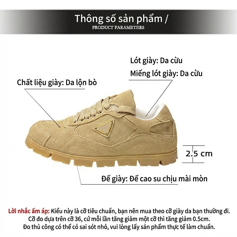 Giày Thể Thao Nam Da Bò Lộn Tam Giác Chiều Cao Đế 2.5cm Màu Nâu, Đen, Xám