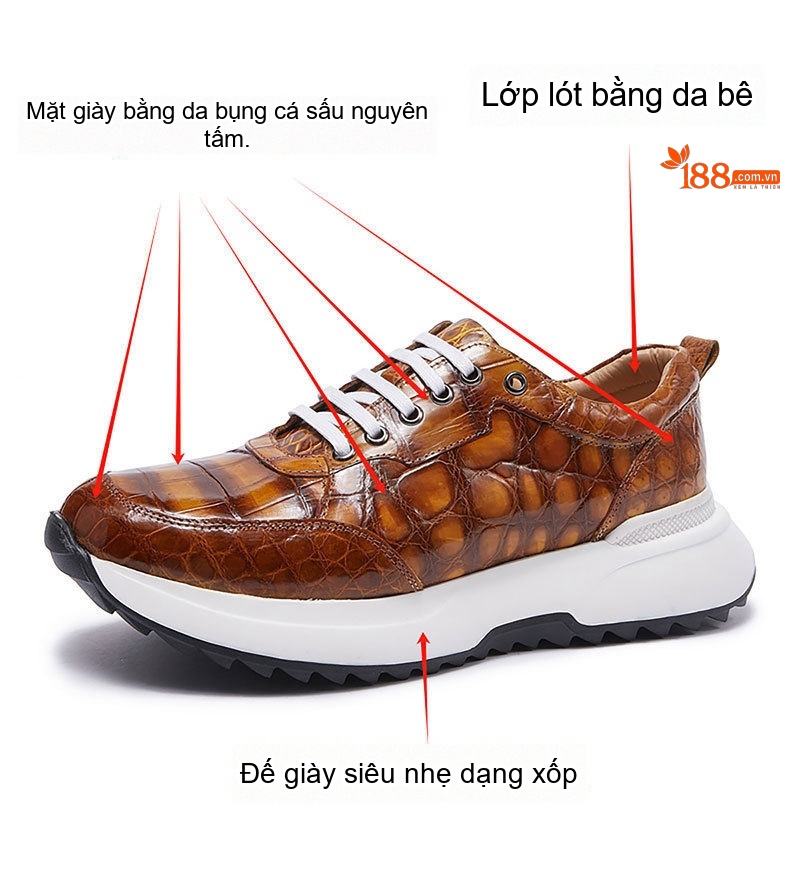 Giày Thể Thao Nam Da Cá Sấu Chiều Cao Đế Khoảng 5cm Màu Nâu Vàng, Đỏ Rượu Vang, Xanh Lam, Xám... chi tiết 5