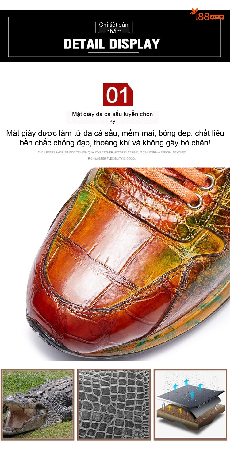 Giày Thể Thao Nam Da Cá Sấu Nước Nile Thủ Công Chiều Cao Đế Khoảng 3cm Màu Nâu, Xanh chi tiết 6