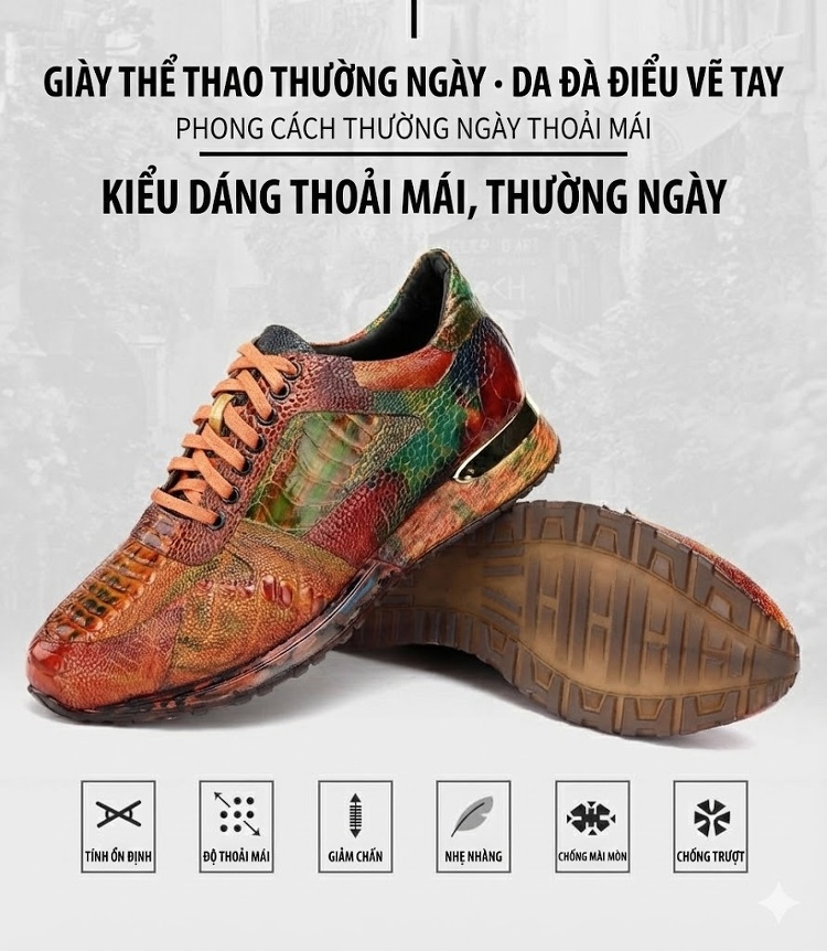 Giày Thể Thao Nam Da Đà Điểu Buộc Dây Chiều Cao Đế Khoảng 3cm Màu Nâu, Đỏ, Xanh... chi tiết 2