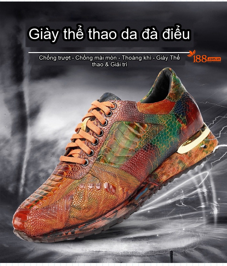 Giày Thể Thao Nam Da Đà Điểu Buộc Dây Chiều Cao Đế Khoảng 3cm Màu Nâu, Đỏ, Xanh... chi tiết 3